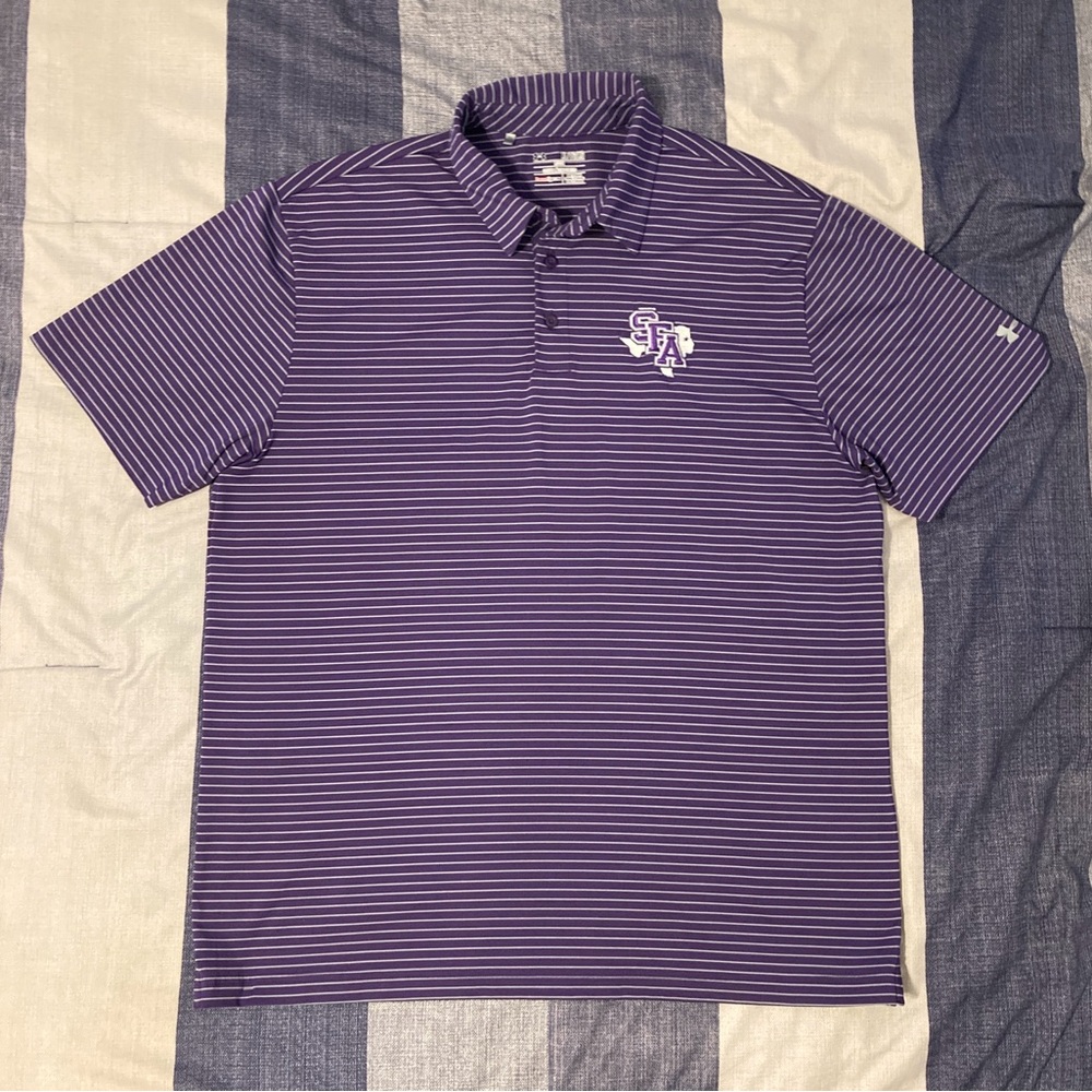 UA Stephen F Austin SFA Mens Striped Polo Shirt Sz XL Purple Golf